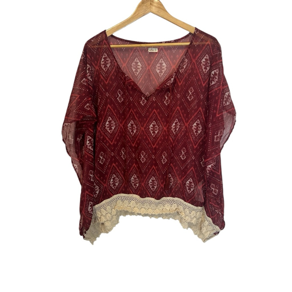 Women's Hollister Red & White Diamond Print Blouse M Boho